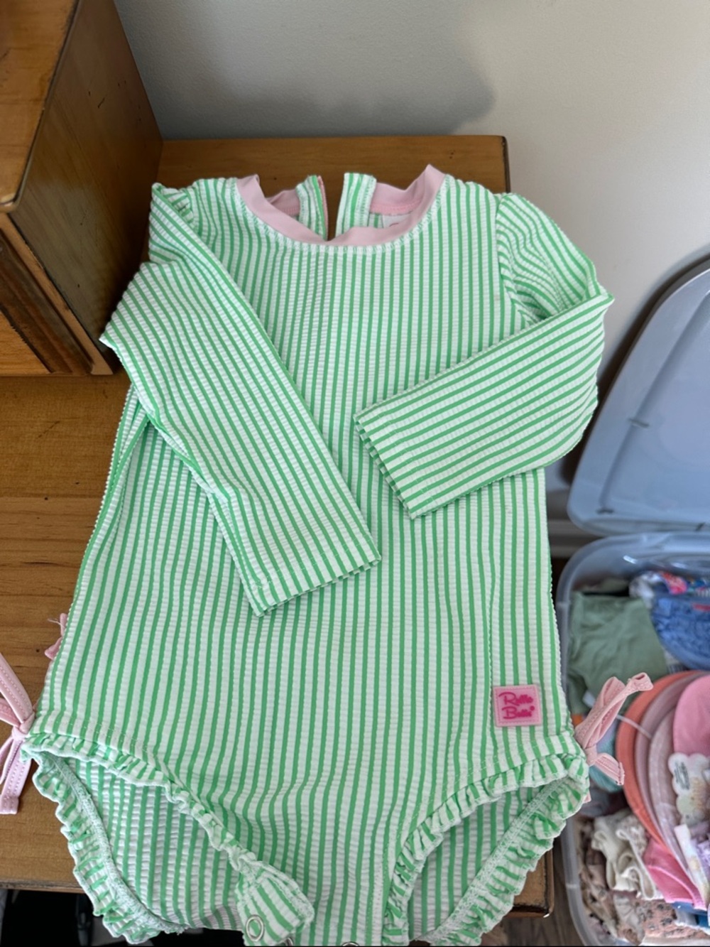 Ruffle Butts Green and White Striped Long-Sleeve Rashguard